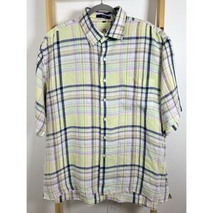 Alan Flusser Mens Shirt XXL 100% Linen Button Up Plaid Short Sleeve Easter B7